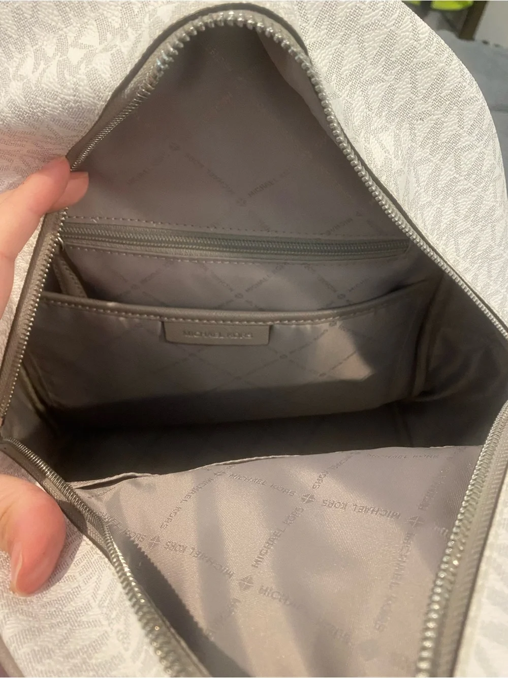 Michael Kors White Monogram Backpack with Black Center Stripe